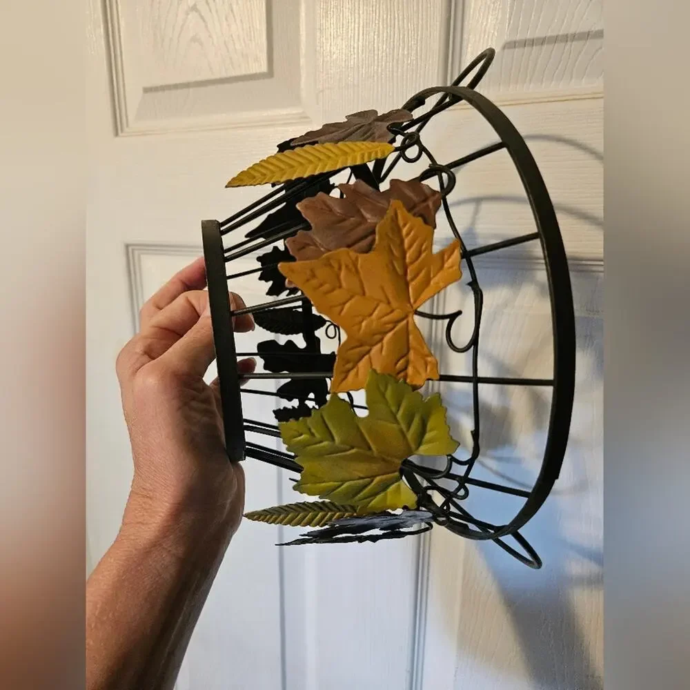 Fall themed metal basket Multi-colored leaves 10 inches